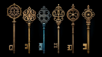 set realistic golden medieval medieval keys with gold and black ornament, vector illustration