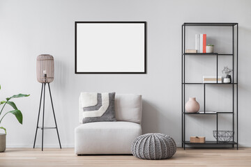 Blank picture frame mockup on wall in modern minimalist interior. Artwork template mock up in...