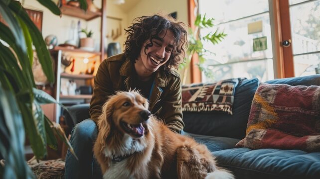 happy people at home with favorite pet , love and friendship of human and animal pragma