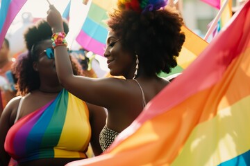 Two african american women with lgtbi flags at the gay pride demonstration - Powered by Adobe