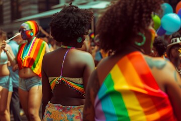 Fototapeta na wymiar Black woman holding rainbow flag during pride parade