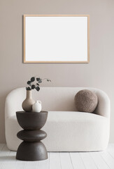 Blank picture frame mockup on gray wall. White living room design. View of modern scandinavian style interior with artwork mock up on wall. Home staging and minimalism concept - 740925271