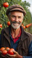 Middle-aged farmer in the tomato garden and looking at the camera with a satisfied expression. Generated AI