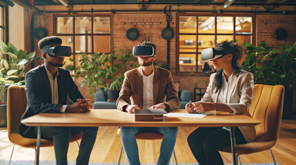 Business team working on virtual reality experience in modern office. Modern innovative technologies in everyday work environment
