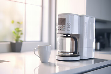 Modern Morning Essentials: Sleek Coffee Maker as Kitchen Banner, Peaceful Start of Day - obrazy, fototapety, plakaty