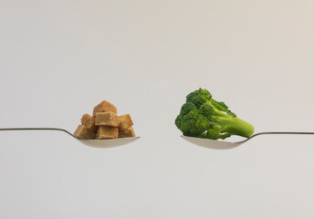 Two spoons hold broccoli and brown sugar