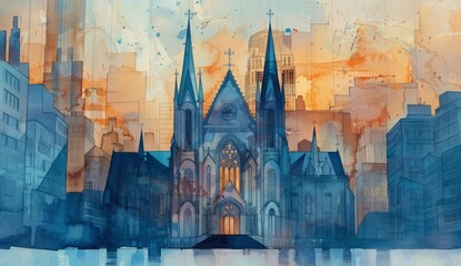 watercolor illustration of a church in a city near a cityscape Generative AI