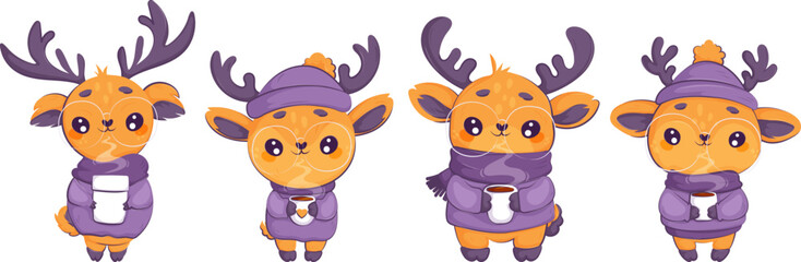 A set of four cute deer in warm clothes holding hot drinks. Kawaii little deer in glasses with a hot cup of cocoa. orange and purple colors.
