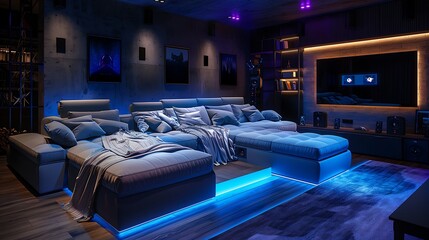 A contemporary sofa with adjustable headrests and built in speakers, providing immersive entertainment and comfort for gaming enthusiasts in a media room - obrazy, fototapety, plakaty