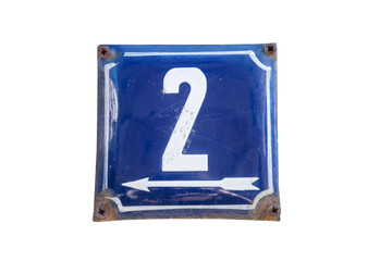 Weathered grunge square metal enameled plate of number of street address with number 2 isolated on white background