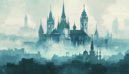 Obraz premium a painting of a church with towers on the side and a city skyline behind Generative AI