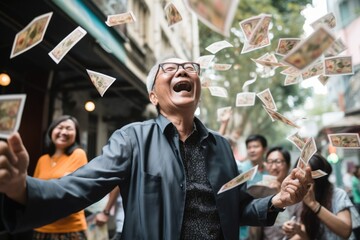 Fototapeta na wymiar Happy person getting bonus money and banknotes flying in the air and get lucky rich and financial freedom comeliness