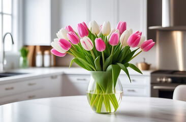 a large bouquet of white and pink tulips in a transparent vase on the table against the backdrop of a light and spacious kitchen
