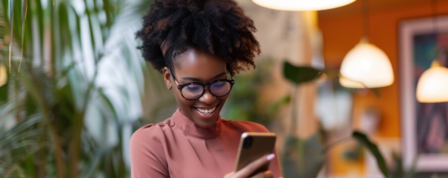 Happy africian woman using smartphone and smile.