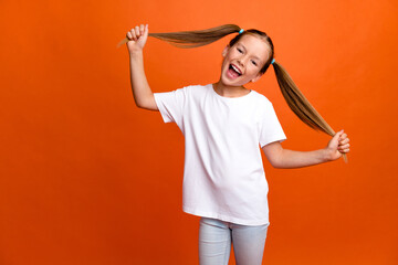 Photo portrait of charming little girl hold ponytails playful funky dressed stylish white clothes...
