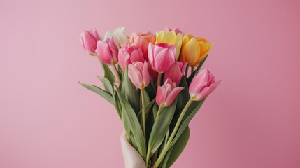 A female hand grasps a bouquet of spring tulips against a pink backdrop
