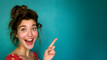 Obraz premium Cheerful young woman pointing surprisingly - store offer!