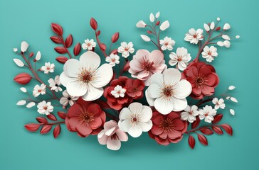 a colorful arrangement of pink flowers on a turquoise background