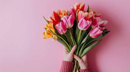 A female hand grasps a bouquet of spring tulips against a pink backdrop