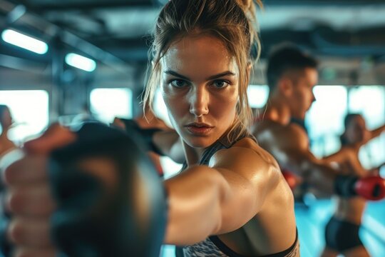 A diverse group of individuals can be seen engaging in various exercises and workouts in the gym, High-intensity kickboxing class at a gym, AI Generated