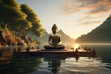 a gold buddha meditates by a lake
