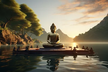  a gold buddha meditates by a lake © olegganko