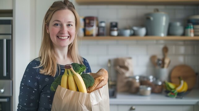 Smiling woman in kitchen holding grocery bag full of fresh produce. lifestyle and healthy eating concept. casual style and homely atmosphere. AI