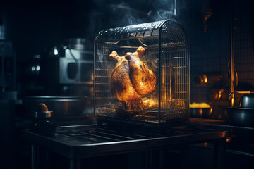 Golden Roast Chicken Encased in Smoke, Dark Kitchen Background - Delicious Culinary Banner