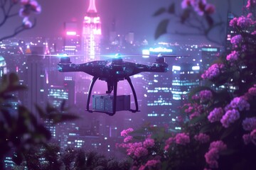 Smart package Drone Delivery urbanization business. Box shipping machine learning parcel urbanization consequences transportation. Logistic tech uav mobility smart home renovation