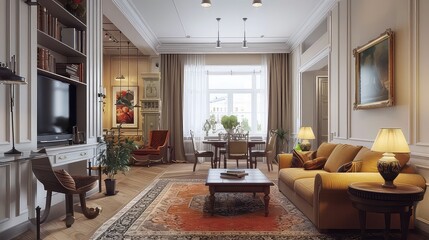 Classic apartment interior design , aesthetic and luxury, well lighted