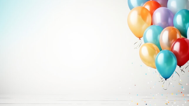 free photos Colorful balloons and falling foil confetti on white background for writing space. Generative AI