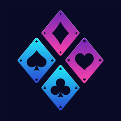 Four vibrant neon poker suits of playing cards spades, diamonds, clubs, and hearts isolated on dark background. Four neon colored poker suit symbols glowing against a dark backdrop.