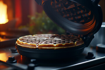 Golden Homemade Waffle Cooking in Iron with Warm Light Background Banner - obrazy, fototapety, plakaty