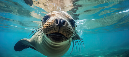 Sea Lion Swimming Underwater background - obrazy, fototapety, plakaty