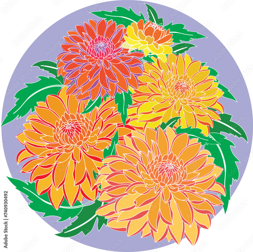 Poster Illustration of Chrysanthemum flower with leaves on soft violet background.