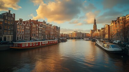 Fototapeta premium Scenic Amsterdam Canal with Traditional Dutch Houses and Boats Reflecting the Setting Sun