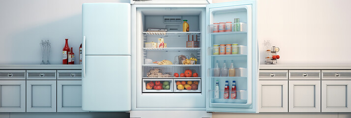 Modern Fully Stocked Refrigerator Open with Food on Light Blue Background Banner