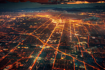 Urban sprawl under a blanket of lights, a bird's view of cityscapes alive at night.