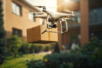 Smart package Drone Delivery tech professionals. Box shipping urbanization adaptation parcel drone shipping transportation. Logistic tech freight tracking mobility indoor gardening - obrazy, fototapety, plakaty