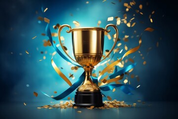 Golden trophy with blue ribbons and confetti isolated on blue background