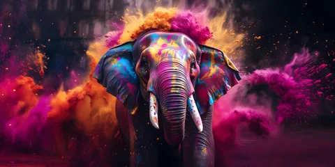 Foto op Canvas elephant in holi colors against bright colors background, multicolored explosions of holi colors, holi festival © Svitlana Sylenko