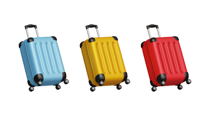 Set of plastic suitcase icons. Concept of summer time, travel vacation, tourism. Travel bag, luggage. Baggage bag for summer vacation. Pack of travel suitcase icons. 3d illustration