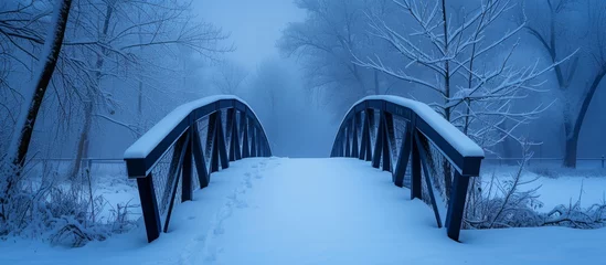 Wandcirkels aluminium Majestic bridge covered in snow during winter with scenic view of nature and peaceful atmosphere © TheWaterMeloonProjec