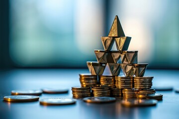 A pile of various denomination coins forming a stack with a small pyramid balancing on top, House of cards representing risky investment scenarios, AI Generated - obrazy, fototapety, plakaty