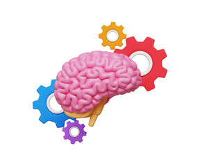 Business initiative, mindset improvement concept. Mental health, brain development. 3D brain with cogwheels on setting icons. 3d illustration