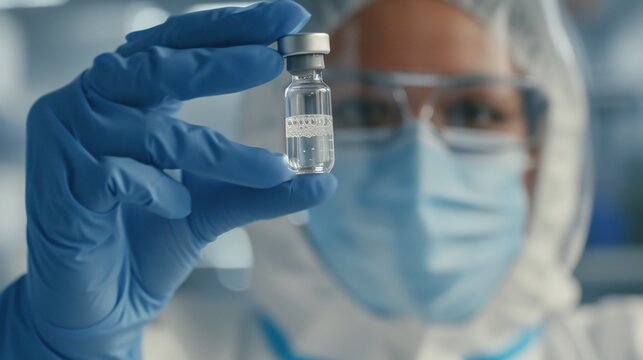 Pharmaceutical worker in protective gear showing a small vial of research results