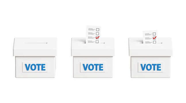 Set of voting box icons. Voting, going to vote, citizen participation in voting. Putting votes in ballot box, elections and democracy concept. 3d illustration