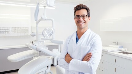 Happy male dentist in his medical office
