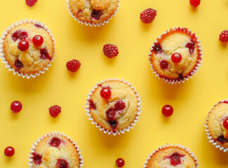 Delicious muffins with red berries on a vibrant yellow background.
