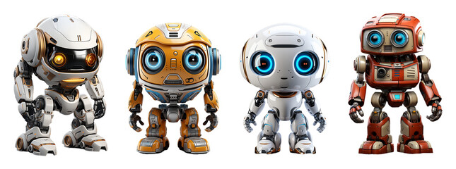 Collection of 3d animation of cute little cyborg robot characters futuristic style technology, generative ai